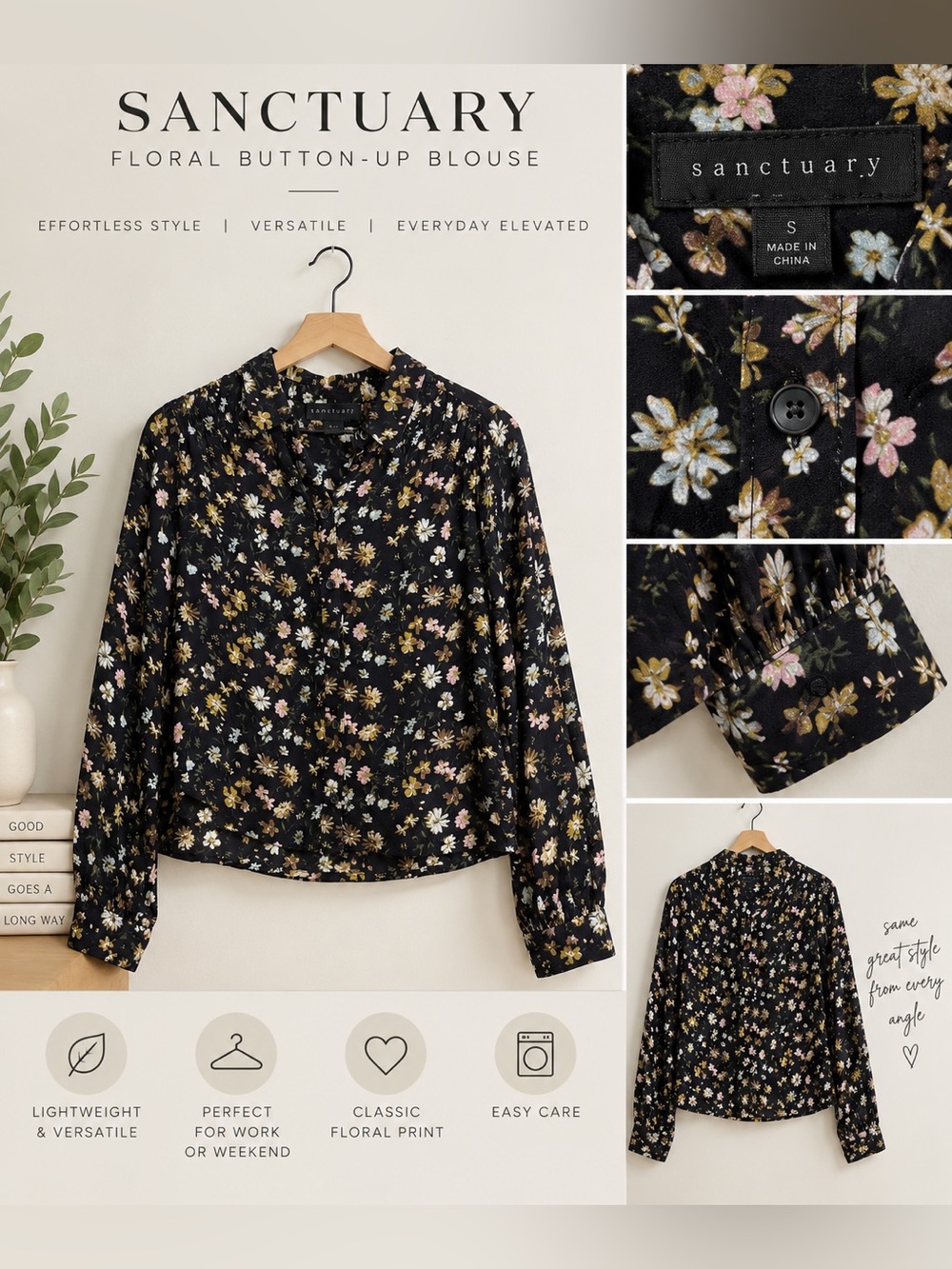 Sanctuary Black Floral Long-Sleeve Buttoned Blouse